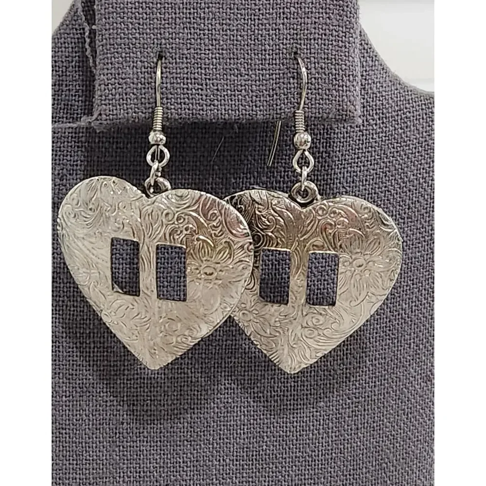 Silver Engraved Heart Dangle Earrings Fish Hook Back Lightweight
